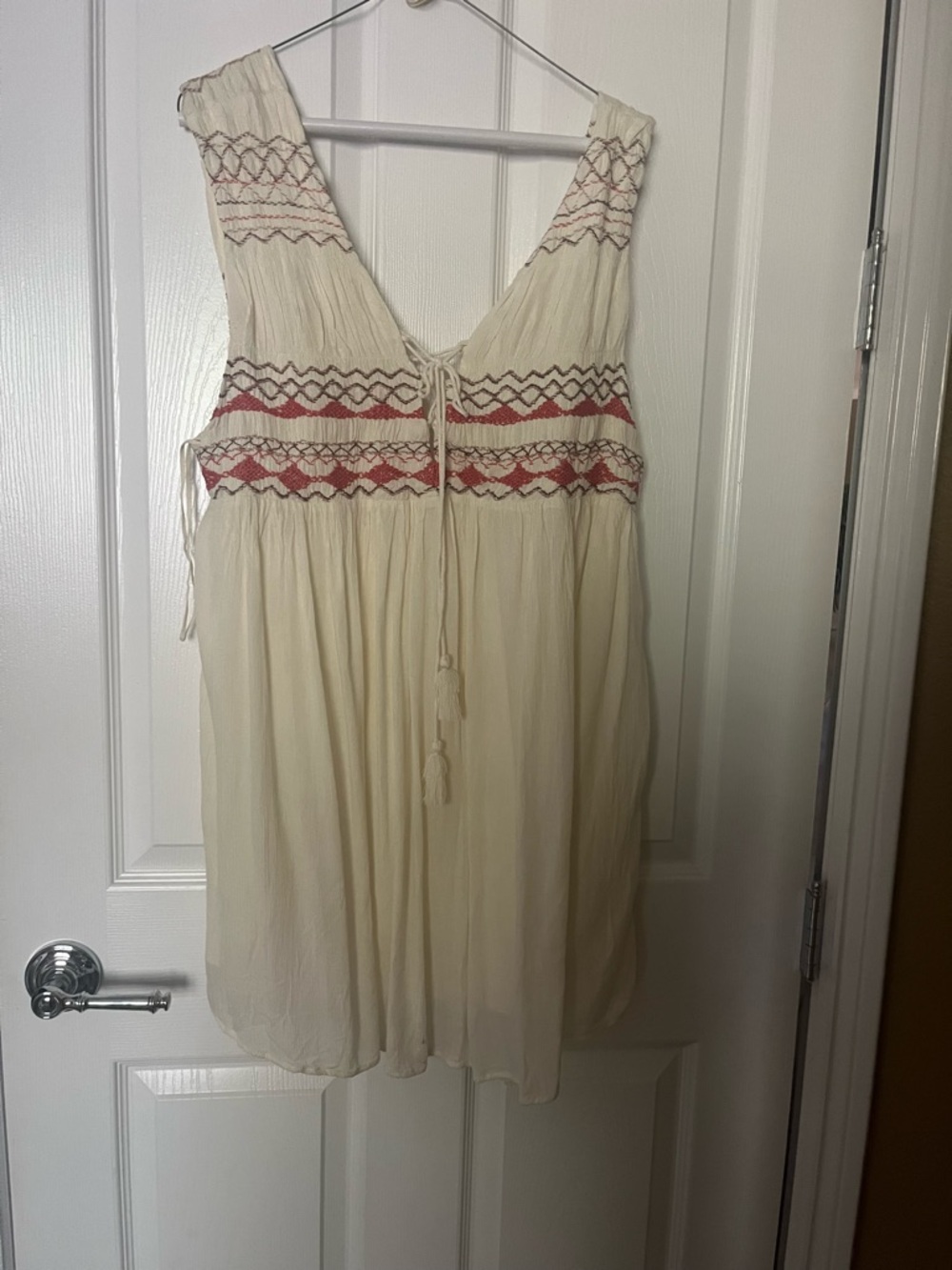 Free People Cream Sleeveless Mini Dress with Red Embroidery